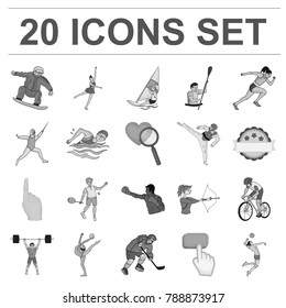 Different kinds of sports monochrome icons in set collection for design. Athlete, competitions vector symbol stock web illustration.
