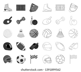 Different kinds of sports mono,outline icons in set collection for design. Sport equipment vector symbol stock web illustration.