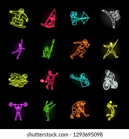 Different kinds of sports neon icons in set collection for design. Athlete, competitions vector symbol stock web illustration.