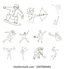 Different kinds of sports outline icons in set collection for design. Athlete, competitions vector symbol stock web illustration.