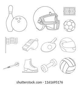 Different kinds of sports outline icons in set collection for design. Sport equipment vector symbol stock web illustration.