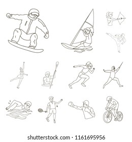Different kinds of sports outline icons in set collection for design. Athlete, competitions vector symbol stock web illustration.