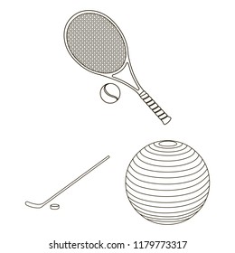 Different kinds of sports outline icons in set collection for design. Sport equipment vector symbol stock web illustration.
