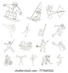 Different kinds of sports outline icons in set collection for design. Athlete, competitions vector symbol stock web illustration.