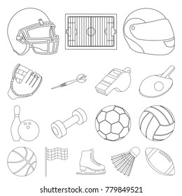 Different kinds of sports outline icons in set collection for design. Sport equipment vector symbol stock web illustration.