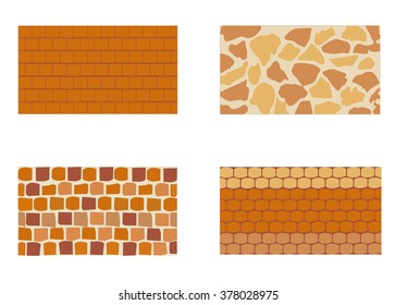 Different kinds of stone brick wall and sidewalk. All objects are grouped. Vector. Horizontal.