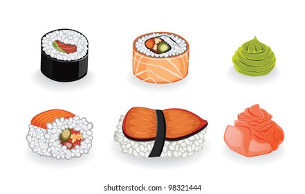 Different kinds of sushi and spice to them. Isolated on white background.