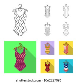 Different kinds of swimsuits. Swimsuits set collection icons in outline,flat style vector symbol stock illustration web.