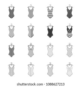 Different kinds of swimsuits. Swimsuits set collection icons in outline,monochrome style vector symbol stock illustration web.