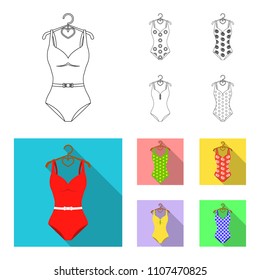 Different kinds of swimsuits. Swimsuits set collection icons in outline,flat style vector symbol stock illustration web.