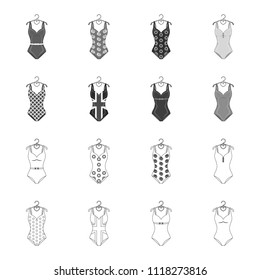 Different kinds of swimsuits. Swimsuits set collection icons in outline,monochrome style vector symbol stock illustration web.