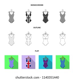 Different kinds of swimsuits. Swimsuits set collection icons in flat,outline,monochrome style vector symbol stock illustration web.