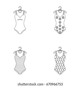 Different kinds of swimsuits. Swimsuits set collection icons in outline style vector symbol stock illustration web.