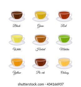 Different kinds of tea including black, green, matcha, pu-erh, yellow, red, herbal, oolong isolated on white background. Vector illustration in cartoon style.