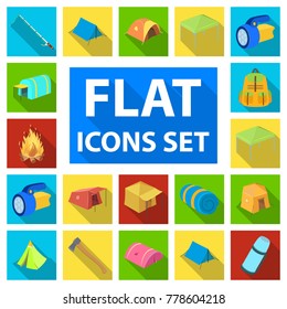 Different kinds of tents flat icons in set collection for design. Temporary shelter and housing vector symbol stock web illustration.