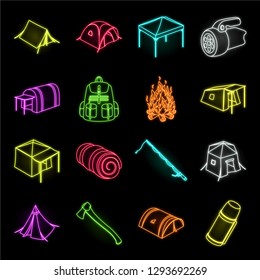 Different kinds of tents neon icons in set collection for design. Temporary shelter and housing vector symbol stock web illustration.