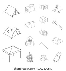 Different kinds of tents outline icons in set collection for design. Temporary shelter and housing vector symbol stock web illustration.