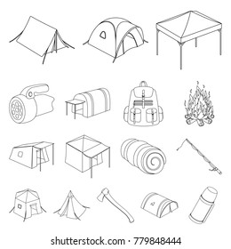 Different kinds of tents outline icons in set collection for design. Temporary shelter and housing vector symbol stock web illustration.