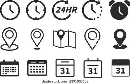 Different kinds of time, date and location icon designs.