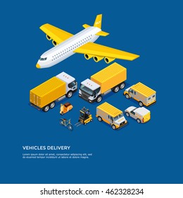 Different kinds of transport for delivery and shipping isometric set on blue background vector illustration