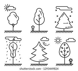 Different kinds of trees in line art style. The weather and times of year. Vector illustration of plants and nature. Ecosystem icon set. 