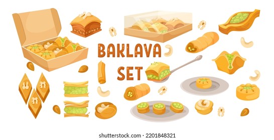 Different kinds of Turkish desserts vector illustrations set. Collection of cartoon drawings of baklava and Turkish delight with nuts isolated on white background. Food, desserts, Turkey concept