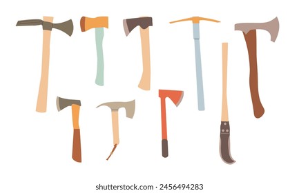 Different kinds of vector axes. Forester, fire, tourist axe , garden and kitchen axe . Tools Collection.Flat cartoon illustration isolate on white.