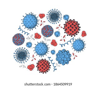 Different kinds of virus collection. Hand drawn illustration,  Respiratory virus infection. Corona virus. Coronavirus 2019-nCoV and other viruses. Macro drawing.