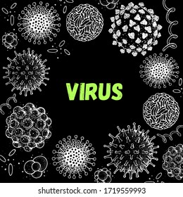 Different kinds of virus, sketch collection. Hand drawn illustration, vintage engraved style. Respiratory virus infection. Corona virus. Coronavirus 2019-nCoV and other viruses. Macro drawing.