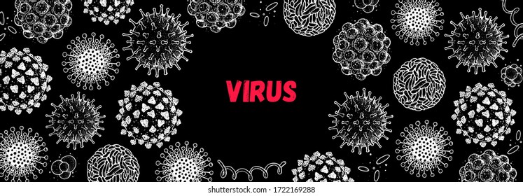 Different kinds of virus, sketch collection. Hand drawn illustration, vintage engraved style. Respiratory virus infection. Corona virus. Coronavirus 2019-nCoV and other viruses. Macro drawing.