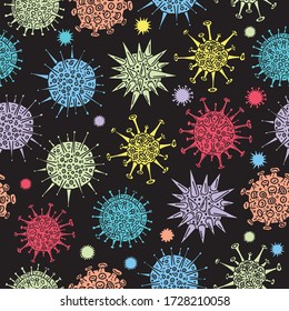 Different kinds of virus, sketch collection. Hand drawn illustration of seamless pattern on black. Respiratory virus infection. Corona virus and other viruses.