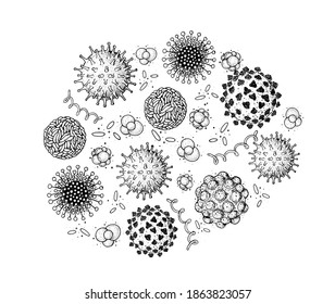 Verschiedene Arten von Viren, Skizze-Sammlung. Handgezeichnete Illustration, Vintage-Gravur. Infektion der Atemwege. Corona-Virus. Coronavirus 2019-nCoV und andere Viren. Makrozeichnung.