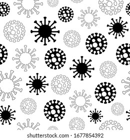 Different Kinds of Viruses. Bacteria Biology Organisms Seamless Pattern. Virus Infection Ebola Epidemic Sick, pandemic. Medical Genetics Bacteriological Microorganism. Vector Illustration. 