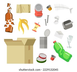 Different kinds of waste or garbage vector illustrations set. Collection of cartoon drawings of cardboard box, banana peel, plastic and glass bottles, paper. Ecology, environment, pollution concept