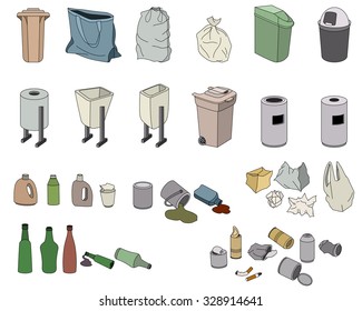 Different kinds of waste and various rabbish bins isolated on white