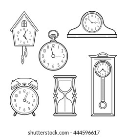 Different kinds of watches. Linear icons, objects. Vector