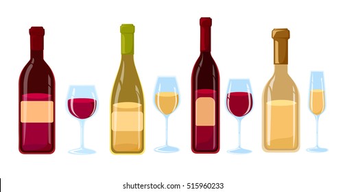 Different Kinds of Wine Bottles Without Labels Flat design illustration of wine bottles and glasses with various types of wine