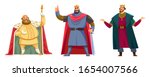 Different kings wearing crowns. Happy kings show sight thumbs up and good luck. Cartoon vector illustration isolated in white background. Kings - tall and short, slim and fat, young and old.