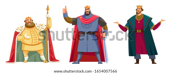 王様が王冠をかぶっている 幸せな王様がサイトの親指を上げ幸運を祈ります 白い背景にカートーンベクターイラスト 王様 背が高く 背が低く スリムで太った 若くて年老いた のベクター画像素材 ロイヤリティフリー