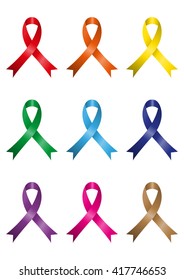 Different kins of awareness ribbons isolated on white background