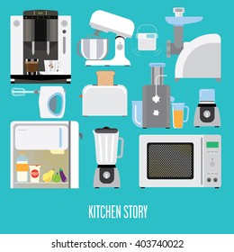 Different kitchen equipment: toaster, blender, mixer, coffee machine, microwave, meat grinder. These things are really useful because they can help you while cooking!
