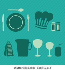Different Kitchen Icons, on green background. Vector Illustration