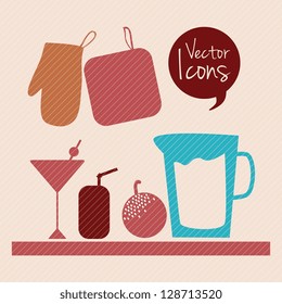 Different Kitchen Icons, retro colors. Vector Illustration