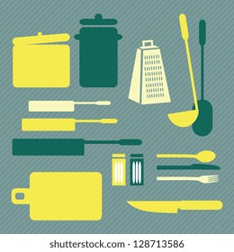 Different Kitchen Icons, retro colors. Vector Illustration