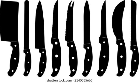 Different kitchen knives silhouette isolated on white