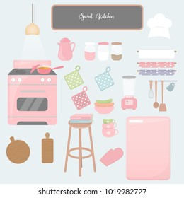 Different kitchen utensils. Colorful modern vector flat icons set. Vector illustration