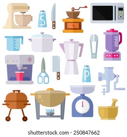 Different kitchen utensils. Colorful modern vector flat icons set. Isolated objects on white background. Collection of elements and concepts for web and mobile apps. Vector file is EPS8.