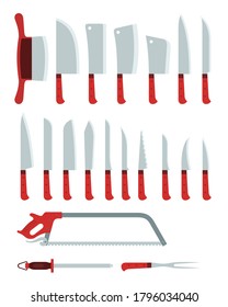 Different knives, cleaver and a saw, for cutting, chopping various products vector illustration