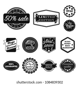 Different label black icons in set collection for design. Index and brand vector symbol stock web illustration.