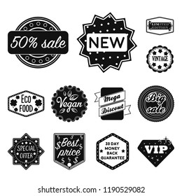 Different label black icons in set collection for design. Index and brand vector symbol stock web illustration.